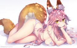 Rule 34 | 1girl, animal ear fluff, animal ears, bare shoulders, bikini, blush, breasts, closed mouth, fate/extra, fate/grand order, fate (series), fox ears, fox girl, fox tail, hair between eyes, hong (white spider), large breasts, legs, long hair, looking at viewer, lying, pink hair, simple background, smile, solo, swimsuit, tail, tamamo (fate), tamamo no mae (fate/extra), thighs, very long hair, white background, white bikini, yellow eyes