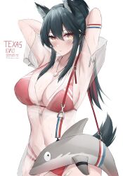 Rule 34 | animal ears, arknights, armpits, arms behind head, bag, bikini, black hair, blush, collarbone, covered navel, cowboy shot, dolphin, english text, highres, looking at viewer, multicolored hair, namikare, ponytail, red bikini, see-through, see-through shirt, shoulder bag, sidelocks, streaked hair, swimsuit, tail, texas (arknights), water drop, wet, wet clothes, whistle, whistle around neck, white background, wolf ears, wolf girl, wolf tail, yellow eyes, zipper, zipper pull tab, zipper sleeves