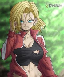 Rule 34 | 1girl, android 18, blonde hair, blue eyes, bob cut, breasts, cleavage, dirty, dirty face, dragon ball, dragon ball super, female focus, jacket, kameseru, large breasts, looking at viewer, navel, nipple slip, nipples, smile, solo, torn clothes, torn jacket, track jacket