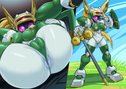 Rule 34 | 1girl, android, anus, anus peek, bikini, blonde hair, breasts, cameltoe, colored sclera, colored skin, commentary request, copyright request, covered clitoris, folded, green bikini, green thighhighs, heart, heart-shaped pupils, holding, holding sword, holding weapon, hugging own legs, large breasts, m legs, micro bikini, navel, no mouth, pink eyes, pink sclera, pochincoff, ponytail, presenting, robot ears, solo focus, standing, swimsuit, sword, symbol-shaped pupils, thighhighs, weapon, white skin