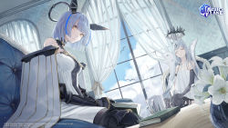 Rule 34 | 2girls, arm strap, armored boots, asymmetrical gloves, azur lane, bare shoulders, bird, black collar, black footwear, black gloves, blue hair, book, boots, breasts, champagne (azur lane), closed eyes, cloud, collar, couch, cross hair ornament, crown, cup, curtains, detached collar, dress, elbow gloves, flat chest, flower, gascogne (azur lane), gauntlets, gloves, hair ornament, half gloves, halo, headgear, highres, holding, holding book, holding cup, indoors, knee boots, long hair, mechanical halo, medium breasts, mizutame tori, multicolored hair, multiple girls, open book, shirt, shirt overhang, short hair, single elbow glove, single half glove, sitting, sleeveless, sleeveless dress, strapless, strapless dress, two-tone hair, uneven gloves, vase, very long hair, white dress, white flower, white shirt, window, yellow eyes