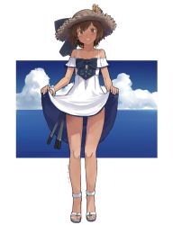 Rule 34 | 1girl, anchor symbol, bare legs, bare shoulders, black bow, blush, bow, bra strap, brown eyes, brown hair, brown hat, cloud, cloudy sky, collarbone, dated, dress, flat chest, full body, grin, hat, hat bow, horizon, kantai collection, kawashina (momen silicon), looking at viewer, ocean, off-shoulder dress, off shoulder, one-piece tan, outside border, parted lips, sandals, short hair, skirt hold, sky, smile, solo, speaking tube headset, standing, straw hat, sun, tan, tanline, torpedo, water, white dress, white footwear, yukikaze (kancolle)