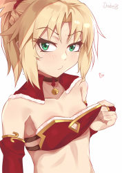 Rule 34 | 1girl, artist name, bare shoulders, bell, blonde hair, blush, breasts, collarbone, commentary, darahan, fate/apocrypha, fate/grand order, fate (series), green eyes, hair ornament, hair scrunchie, jewelry, long hair, mordred (fate), mordred (fate/apocrypha), ponytail, red scrunchie, ring, scrunchie, simple background, small breasts, solo, upper body, white background