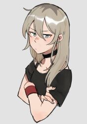 Rule 34 | 1girl, absurdres, black choker, black shirt, choker, closed mouth, commentary, earclip, girls band cry, grey background, grey eyes, highres, kawaragi momoka, light brown hair, long hair, looking at viewer, multicolored hair, r bishh, roots (hair), shirt, short sleeves, simple background, solo, upper body, wristband