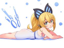 Rule 34 | 1girl, :o, ass, azure striker gunvolt, blonde hair, blue nightgown, breasts, butterfly hair ornament, butterfly wings, commentary, cougar (cougar1404), elbow rest, from side, green eyes, hair ornament, headgear, insect wings, joule (gunvolt), long hair, lumen (gunvolt), lying, nightgown, on stomach, open mouth, ponytail, sideboob, small breasts, solo, spaghetti strap, white background, wings