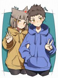 Rule 34 | 1boy, 1girl, animal ear fluff, animal ears, black pants, black pantyhose, blue background, blue hoodie, blush, brown eyes, brown hair, brown hoodie, character name, commentary request, cowboy shot, cropped legs, drawstring, grey background, hand in pocket, head tilt, heart, highena, highres, hood, hood down, hoodie, long sleeves, looking to the side, motion lines, nia (xenoblade), pants, pantyhose, puffy long sleeves, puffy sleeves, rex (xenoblade), short hair, thick eyebrows, v, v-shaped eyebrows, xenoblade chronicles (series), xenoblade chronicles 2
