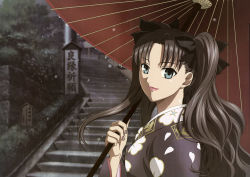 Rule 34 | 1girl, absurdres, black hair, blue eyes, fate/stay night, fate (series), highres, japanese clothes, kimono, lipstick, long hair, makeup, nail art, nail polish, oil-paper umbrella, rain, smile, solo, stairs, tohsaka rin, twintails, two side up, umbrella