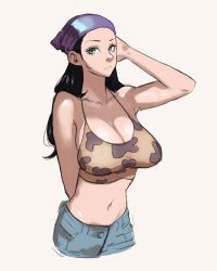 Rule 34 | 1girl, absurdres, bandana, black hair, blue eyes, breasts, camouflage, camouflage shirt, cleavage, cowboy shot, denim, hand on own head, highres, jeans, joy boy, large breasts, long hair, looking at viewer, navel, nico robin, one piece, pants, shirt, tank top, white background