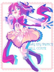 Rule 34 | 1girl, aged down, blue eyes, blush, boots, bow, bowtie, commentary request, dress, english text, flower, full body, hair between eyes, hair flower, hair ornament, highres, no game no life, open mouth, red hair, short hair, solo, stephanie dora, yuiti hinata