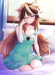 Rule 34 | 1girl, animal ears, bed, blanket, blush, breasts, brown hair, cleavage, closed mouth, curtains, dress, unworn earring, ears down, green dress, hand up, highres, horse ears, horse girl, horse tail, indoors, long hair, looking at viewer, multicolored hair, on bed, one eye closed, pajamas, pillow, purin jiisan, purple eyes, rubbing eyes, sitting, sleeveless, sleeveless dress, small breasts, solo, strap slip, streaked hair, symboli rudolf (umamusume), tail, tearing up, umamusume, waking up, window