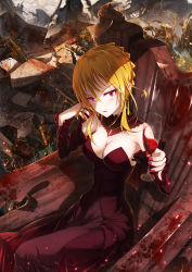 Rule 34 | 1girl, alcohol, bad id, bad pixiv id, bae.c, blonde hair, blood, boyogo, breasts, cleavage, cup, detached sleeves, drinking glass, earrings, highres, jewelry, medium breasts, nail polish, original, pink nails, sitting, smile, solo, wine, wine glass