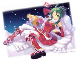 Rule 34 | apupu, boots, christmas, detached sleeves, gift, green eyes, green hair, one eye closed, original, santa costume, scarf, snow, solo, thighhighs, wink, zettai ryouiki