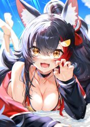 Rule 34 | 1girl, :d, absurdres, animal ear fluff, animal ears, bikini, black choker, black hair, black jacket, blue sky, blush, breasts, choker, cloud, collarbone, day, fingernails, highres, hololive, jacket, kou mashiro, large breasts, long hair, long sleeves, looking at viewer, lying, multicolored hair, official alternate costume, on stomach, ookami mio, ookami mio (hololive summer 2019), open mouth, ponytail, red hair, sky, smile, solo, streaked hair, swimsuit, teeth, virtual youtuber, wet, wolf ears, wolf girl, yellow eyes