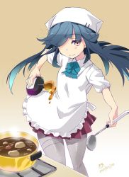 Rule 34 | 10s, 1girl, artist name, black hair, cooking, curry, food, hair over one eye, hayashimo (kancolle), highres, imu sanjo, kantai collection, ladle, long hair, pantyhose, school uniform, signature, smock, solo