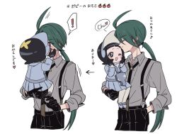 Rule 34 | !, 2girls, 64ibon, age difference, ahoge, arrow (symbol), black gloves, black hair, black necktie, black pants, blush, blush stickers, carrying, carrying person, closed eyes, collared shirt, commentary request, creatures (company), dress, earrings, game freak, gloves, green hair, grey shirt, hand in pocket, hands on another&#039;s cheeks, hands on another&#039;s face, hands on own cheeks, hands on own face, hands up, happy, heart, height difference, highres, implied kiss, jacket, jewelry, kiss, long hair, multiple girls, multiple views, necktie, nintendo, one eye closed, onee-loli, open mouth, pants, pantyhose, pokemon, pokemon sv, ponytail, poppy (pokemon), rika (pokemon), shirt, shoes, size difference, smile, spoken exclamation mark, surprise kiss, surprised, suspenders, translation request, very long hair, wide-eyed, yuri