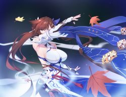 Rule 34 | 1girl, absurdres, bare shoulders, breasts, brown hair, china dress, chinese clothes, cleavage cutout, clothing cutout, dress, elbow gloves, gloves, highres, honkai (series), honkai impact 3rd, large breasts, leaf, li sushang, li sushang (jade knight), long hair, looking at viewer, maple leaf, onshigou, solo, white dress, white gloves