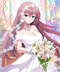 Rule 34 | 1girl, asami lilith, bare shoulders, blue eyes, breasts, cleavage, collarbone, dress, jewelry, large breasts, long hair, looking at viewer, necklace, red hair, smile, trinity seven, wedding dress