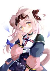 Rule 34 | 1girl, animal ears, arknights, black hairband, black jacket, black skirt, blue bow, bow, braid, cat ears, cat girl, cat tail, check commentary, closed mouth, commentary request, goldenglow (arknights), hair between eyes, hair bow, hair over shoulder, hairband, hand up, head tilt, highres, jacket, lightning bolt print, long sleeves, open clothes, open jacket, print hairband, puffy long sleeves, puffy sleeves, shirt, simple background, single braid, skirt, smile, solo, tail, white background, white shirt, yellow eyes, yuuno (u no 0908)