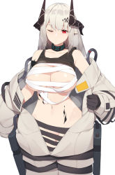 Rule 34 | 1girl, areola slip, arknights, black collar, black gloves, black shirt, bodysuit, breasts, clothes lift, collar, cowboy shot, demon horns, elite ii (arknights), gloves, grey hair, groin, highres, horns, infection monitor (arknights), large breasts, long hair, looking at viewer, mudrock (arknights), mudrock (elite ii) (arknights), one eye closed, open bodysuit, open clothes, pepper0, pointy ears, red eyes, sarashi, shirt, shirt lift, simple background, solo, white background, white bodysuit