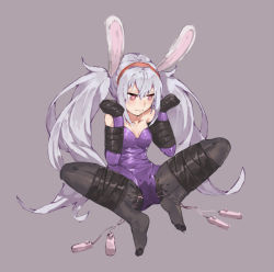 Rule 34 | 1girl, amiba (amiba00638239), animal ears, azur lane, bare shoulders, bdsm, black pantyhose, blush, bondage, bound, bound arms, bound legs, breasts, closed mouth, collarbone, controller, elbow gloves, fake animal ears, female ejaculation, female focus, full body, gloves, hairband, hands up, heart, heart-shaped pupils, laffey (azur lane), leotard, long hair, medium breasts, pantyhose, pink eyes, playboy bunny, purple background, purple gloves, purple leotard, pussy juice, pussy juice stain, rabbit ears, red hairband, remote control, remote control vibrator, sex toy, shiny clothes, silver hair, simple background, sitting, solo, spread legs, strapless, strapless leotard, symbol-shaped pupils, twintails, vibrator, vibrator cord, vibrator under clothes, wet, wet clothes, wet spot