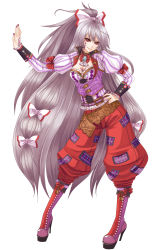 Rule 34 | &gt;:), 1girl, adapted costume, against wall, alternate costume, bad id, bad pixiv id, baggy pants, belt, boots, bow, breasts, cleavage, corset, facepaint, female focus, fujiwara no mokou, full body, grey hair, hair bow, hand on own hip, high heels, highres, hip focus, juliet sleeves, legs, long hair, long sleeves, looking at viewer, medium breasts, nail polish, open clothes, open shirt, pants, parted lips, platform footwear, ponytail, puffy sleeves, red eyes, shirt, shoes, simple background, solo, standing, striped clothes, striped shirt, tattoo, thigh gap, touhou, v-shaped eyebrows, very long hair, white background, wrist cuffs, yuuka nonoko