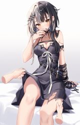 Rule 34 | 1girl, absurdres, arm warmers, black choker, black dress, black hair, black nails, breasts, choker, cleavage, disembodied hand, dress, earrings, grey hair, hair ornament, highres, hololive, hololive english, jewelry, kuri (animejpholic), long hair, looking at viewer, medium breasts, multicolored hair, shiori novella, shiori novella (1st costume), single arm warmer, solo focus, split-color hair, torn clothes, two-tone hair, virtual youtuber, white background, yellow eyes