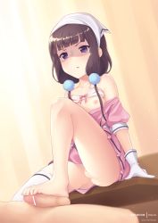 Rule 34 | 1boy, 1girl, artist name, bar censor, barefoot, black hair, blend s, bow, bow bra, bra, bra lift, censored, cleft of venus, clothes down, collarbone, disgust, dress, dutch angle, feet, footjob, gloves, head scarf, hetero, highres, knee up, looking at viewer, nipples, no panties, parted lips, patreon, penis, pointless censoring, precum, purple eyes, pussy, pussy juice, rikorin, sakuranomiya maika, shaded face, single thighhigh, sitting, solo focus, thighhighs, toes, underwear, watermark, web address, white bra, white gloves, white thighhighs