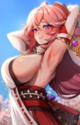 Rule 34 | 1girl, absurdres, animal ears, armpit focus, armpits, arms up, bare shoulders, blurry, blurry background, blush, breasts, detached sleeves, earrings, fox ears, fox girl, foxyreine, genshin impact, highres, japanese clothes, jewelry, large breasts, licking lips, long hair, miko, no bra, pink hair, purple eyes, revision, sideboob, smile, solo, sweat, tongue, tongue out, yae miko