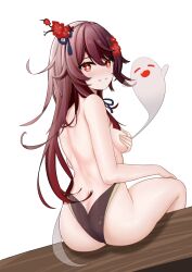 Rule 34 | 1girl, 1other, ass, bare shoulders, blush, boo tao (genshin impact), breasts, brown hair, butt crack, come hither, covering privates, covering breasts, flower, from behind, genshin impact, ghost, grin, hair flower, hair ornament, highres, hu tao (genshin impact), long hair, looking at viewer, looking back, medium breasts, red eyes, sideboob, sitting, smile, thong, topless, transparent background, very long hair, xkh