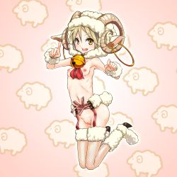 Rule 34 | 1girl, animal ears, armpits, bell, boots, breasts, brown hair, cleft of venus, collar, female focus, fishnets, full body, highres, horns, legs, looking at viewer, navel, neck bell, nipples, open mouth, original, pussy, sheep ears, sheep horns, sheep tail, short hair, small breasts, smile, solo, tail, uncensored, yamada (gotyui), yellow eyes