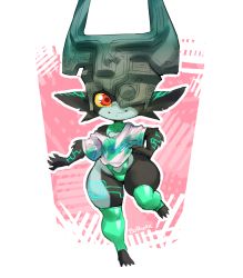 Rule 34 | 1girl, aqua thighhighs, borvar, cameltoe, cleavage cutout, closed mouth, clothing cutout, colored sclera, colored skin, demon girl, full body, hand on own hip, helmet, highres, leotard, looking at viewer, midna, multicolored skin, nintendo, off shoulder, pink background, pointy ears, red eyes, shirt, smile, solo, sportswear, standing, standing on one leg, t-shirt, the legend of zelda, the legend of zelda: twilight princess, thighhighs, toeless legwear, two-tone skin, white background, wide hips, yellow sclera