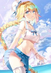 Rule 34 | 1girl, absurdres, alternate costume, bare arms, bare shoulders, bikini, bikini under clothes, blonde hair, blue eyes, blue ribbon, blue skirt, blue sky, blush, braid, breasts, choker, clothes lift, collarbone, commentary request, crop top, crop top overhang, day, dolphin, fate/grand order, fate (series), fingerless gloves, from side, gloves, hat, headpiece, highres, jeanne d&#039;arc (fate), jeanne d&#039;arc (mystery treasure) (fate), jeanne d&#039;arc (ruler) (fate), large breasts, long braid, long hair, looking at viewer, looking to the side, medium breasts, midriff, miniskirt, navel, ocean, open mouth, outdoors, pleated skirt, ribbon, sailor collar, sailor hat, shirt, sho (runatic moon), single braid, skirt, skirt lift, sky, sleeveless, sleeveless shirt, smile, solo, standing, striped ribbon, swimsuit, teeth, thighhighs, very long hair, white bikini, white choker, white hat, white sailor collar, white shirt, white thighhighs, wind, wind lift
