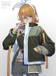 Rule 34 | 1girl, bandage on face, bandages, belt, blonde hair, bow, commentary, covering own mouth, cowboy shot, green jacket, hair bow, hand in pocket, highres, jacket, kagamine rin, short hair, shorts, sideways glance, solo, standing, translated, vocaloid, white bow, wounds404