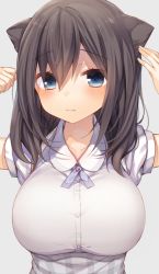 Rule 34 | 1girl, animal ears, black hair, blue eyes, blush, breasts, buttons, cat ears, commentary request, hair between eyes, highres, komeshiro kasu, large breasts, long hair, looking at viewer, original, school uniform, shirt, simple background, solo, upper body, white background, white shirt