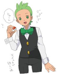 Rule 34 | 1boy, :d, black pants, black vest, bow, bowtie, buttons, cilan (pokemon), commentary request, cowboy shot, creatures (company), game freak, green bow, green bowtie, green eyes, green hair, hand up, holding, holding poke ball, long sleeves, male focus, miyawaki, nintendo, no sclera, open mouth, pants, poke ball, poke ball (basic), pokemon, pokemon (anime), pokemon bw (anime), shirt, short hair, smile, solo, speech bubble, tongue, translation request, vest, white background, white shirt