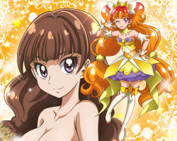 Rule 34 | 1girl, ;p, amanogawa kirara, bare shoulders, breasts, brown hair, choker, cure twinkle, earrings, gloves, go! princess precure, hand on own hip, hanzou, jewelry, long hair, magical girl, multicolored hair, one eye closed, orange hair, precure, purple eyes, red hair, solo, star (symbol), star earrings, thighhighs, tongue, tongue out, twintails, two-tone hair, white gloves, white thighhighs
