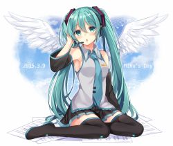 Rule 34 | 10s, 1girl, 39, 2015, aqua eyes, aqua hair, bad id, bad twitter id, boots, dated, detached sleeves, hatsune miku, headset, long hair, looking at viewer, musical note, necktie, open mouth, sheet music, shiromikan, sitting, skirt, solo, thigh boots, thighhighs, twintails, very long hair, vocaloid, wings, yokozuwari