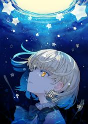 Rule 34 | 1girl, absurdres, black bow, bow, earrings, from side, highres, hitoba, jewelry, light brown hair, looking at viewer, original, parted lips, short hair, sky, solo, star (sky), star (symbol), starry sky, yellow eyes