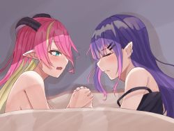 Rule 34 | 2girls, bad id, bad twitter id, black camisole, blonde hair, blush, camisole, closed eyes, commentary request, demon girl, demon horns, earrings, facing another, green eyes, hair between eyes, hair ornament, hairclip, hand grab, hololive, horns, jewelry, long hair, lying, mano aloe, multicolored hair, multiple girls, on side, open mouth, pink hair, pointy ears, purple hair, sidelocks, tenpura noraneko, tokoyami towa, two-tone hair, under covers, virtual youtuber