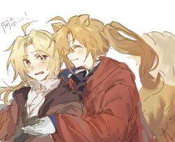 Rule 34 | 2boys, ahoge, alphonse elric, animal ears, blonde hair, brothers, brown vest, chinese commentary, chinese text, closed eyes, closed mouth, collared shirt, commentary request, dog ears, dog tail, edward elric, film grain, fullmetal alchemist, highres, huangdouliuhan, hug, jacket, kemonomimi mode, long hair, male focus, multiple boys, open clothes, open collar, open jacket, open mouth, parted bangs, ponytail, red jacket, shirt, siblings, simple background, sketch, smile, tail, translation request, vest, white background, white shirt, yellow eyes