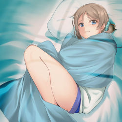 Rule 34 | 1girl, absurdres, bed sheet, blanket, blue eyes, blue shorts, from above, frown, grey hair, hair tie, highres, legs folded, looking at viewer, love live!, love live! sunshine!!, lying, medium hair, nanotsuki, on bed, pillow, ponytail, shirt, short shorts, shorts, under covers, watanabe you, white shirt