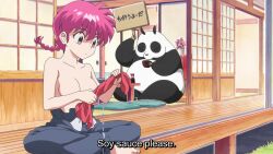 1boy 1girl animal animated anime_screenshot black_pants braid braided_ponytail breasts collarbone father_and_daughter genderswap genderswap_(mtf) highres large_breasts no_nipples panda pants pink_eyes pink_hair ranma-chan ranma_1/2 saotome_alto saotome_ranma short_ponytail sitting sound subtitled tagme topless video wet wet_clothes