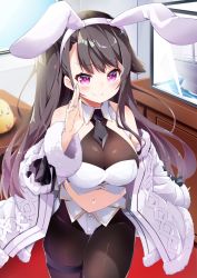 Rule 34 | 1girl, absurdres, adapted costume, animal ears, azur lane, bandeau, bare shoulders, black hair, blue nails, blush, breasts, carpet, chest of drawers, cleavage, closed mouth, collar, commentary request, desk, detached collar, eyebrows, fake animal ears, fang, fur-trimmed jacket, fur-trimmed sleeves, fur trim, hand on own cheek, hand on own face, head tilt, highres, indoors, jacket, large breasts, leer.meer, leotard, long hair, long sleeves, looking at viewer, manjuu (azur lane), model ship, nail polish, navel, necktie, off shoulder, on desk, pamiat merkuria (azur lane), pantyhose, pink eyes, playboy bunny, red carpet, sidelocks, sitting, on desk, skin fang, skindentation, smile, solo, standing, thigh strap, very long hair, white bandeau, white jacket, window