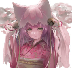 Rule 34 | :d, animal ears, bell, blurry, blurry background, character request, depth of field, floral print, green eyes, hands up, hemorina, japanese clothes, jingle bell, kimono, looking at viewer, obi, open mouth, pink kimono, print kimono, purple hair, puzzle &amp; dragons, sash, see-through, simple background, smile, solo, upper body, veil, white background