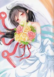 Rule 34 | 1girl, absurdres, ahoge, alternate costume, asymmetrical wings, bare shoulders, black hair, blush, bouquet, bridal veil, collarbone, dress, dutch angle, elbow gloves, flower, gloves, half-closed eyes, heart, highres, houjuu nue, igayan, long hair, looking at viewer, nue day, pointy ears, red eyes, red ribbon, ribbon, scan, smile, solo, strapless, strapless dress, touhou, veil, wedding dress, white dress, white gloves, wings