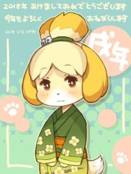 Rule 34 | 1girl, 2018, :3, animal crossing, animal ears, bell, blonde hair, blush, body fur, bright pupils, brown eyes, chinese zodiac, closed mouth, dated, dog, dog ears, dog girl, dog tail, eyebrows, floppy ears, floral print, furry, furry female, green kimono, hair bell, hair ornament, hair tie, isabelle (animal crossing), japanese clothes, jingle bell, kimono, long sleeves, new year, nintendo, obi, outline, paw print, sash, shigatake, short hair, smile, solo, standing, tail, topknot, white pupils, wide sleeves, year of the dog