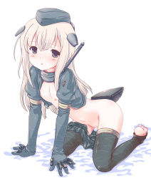 Rule 34 | 10s, 1girl, all fours, barefoot, black thighhighs, blonde hair, blush, cropped jacket, feet, flat chest, garrison cap, hat, kantai collection, long hair, long sleeves, military, military uniform, navel, nipples, open mouth, partially undressed, puffy long sleeves, puffy sleeves, purple eyes, solo, testa, thighhighs, u-511 (kancolle), uniform