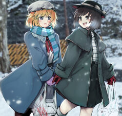 Rule 34 | 2girls, bag, black skirt, blonde hair, blue scarf, brown eyes, brown hair, coat, feet out of frame, ginnkei, hat, jacket, maribel hearn, mittens, mob cap, multiple girls, pink mittens, plastic bag, purple coat, purple eyes, red mittens, scarf, skirt, snow, snowing, striped clothes, striped sweater, sweater, touhou, two-tone scarf, usami renko, winter, winter clothes, winter coat