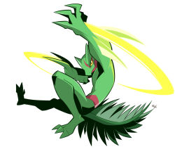 Rule 34 | claws, clenched hand, colored sclera, creatures (company), full body, game freak, gen 3 pokemon, glaucosilvaart, looking at viewer, nintendo, no humans, pokemon, pokemon (creature), sceptile, simple background, slashing, solo, white background, yellow sclera