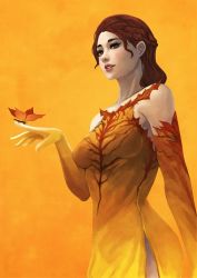 Rule 34 | braid, brown eyes, brown hair, bug, butterfly, butterfly on hand, dress, elemental (creature), gradient dress, insect, monori rogue, orange background, simple background, solo, tagme